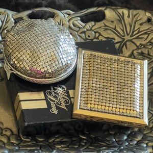 Vintage WHITING DAVIS Metal Mesh Gold Double Mirror /Silver Powder Puff Compact